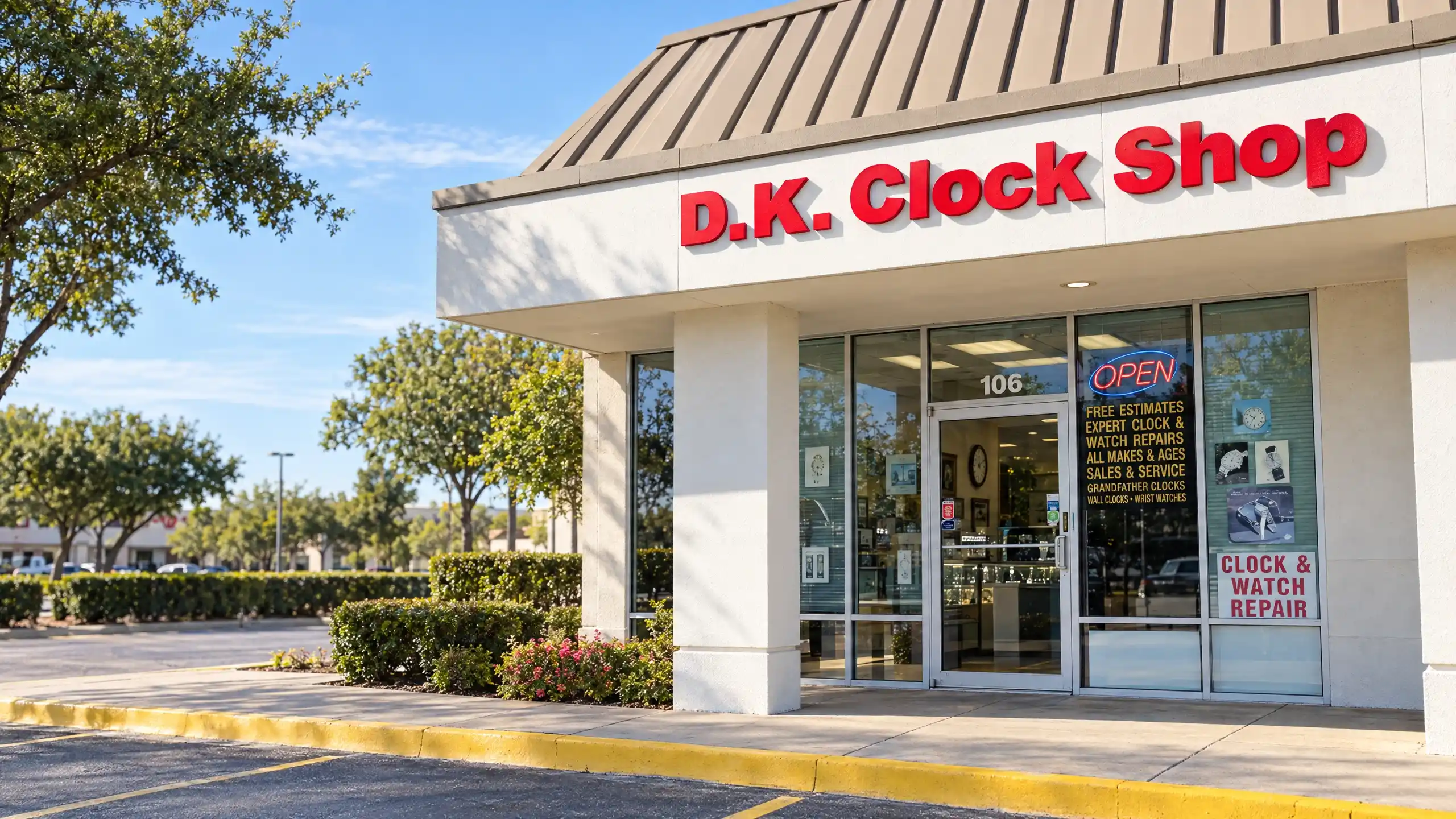 D.K. Clock Shop storefront with white facade, red signage, and landscaping